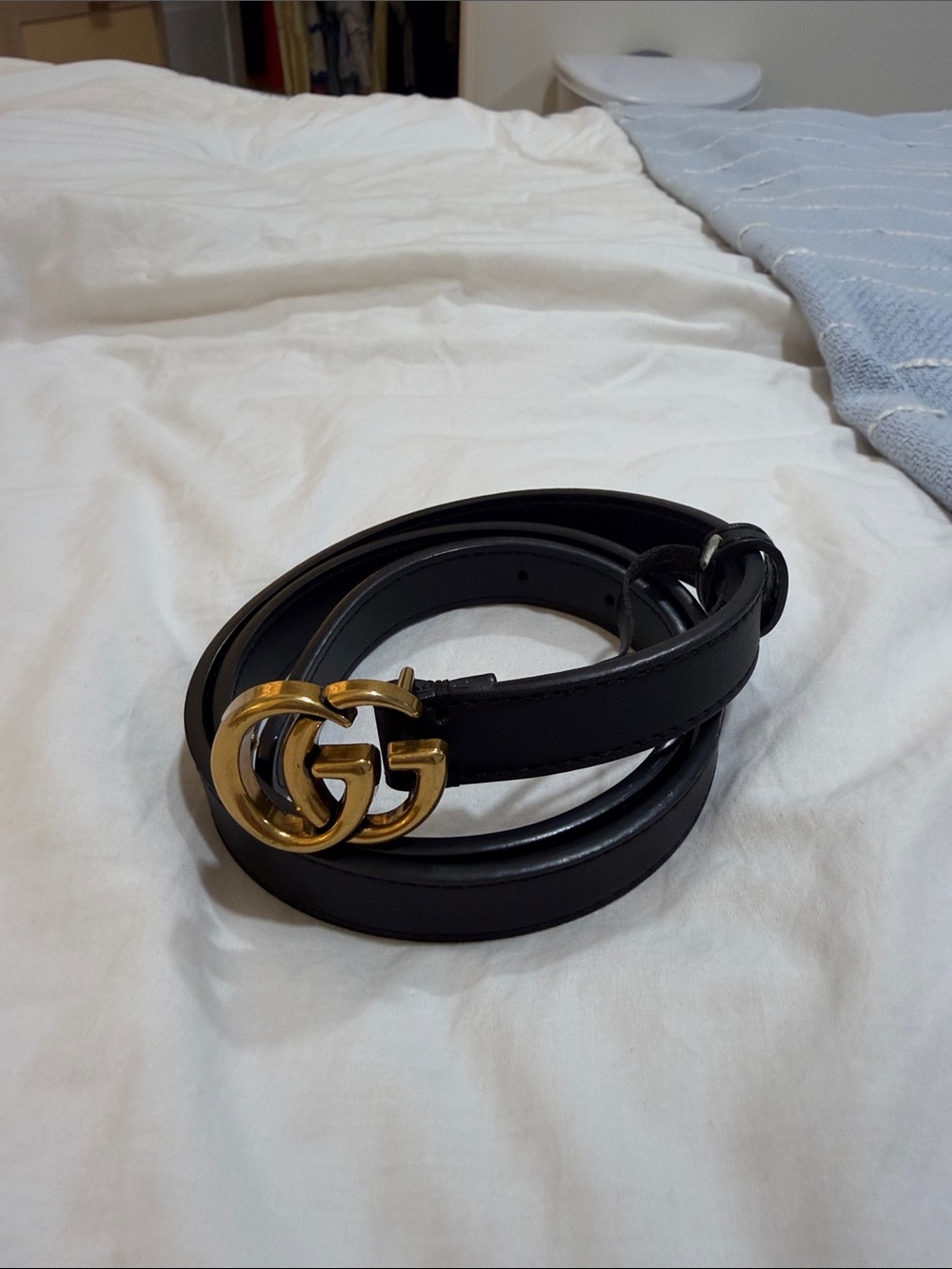 Black Leather Belt with Gold Double-G Buckle - Women's Accessories